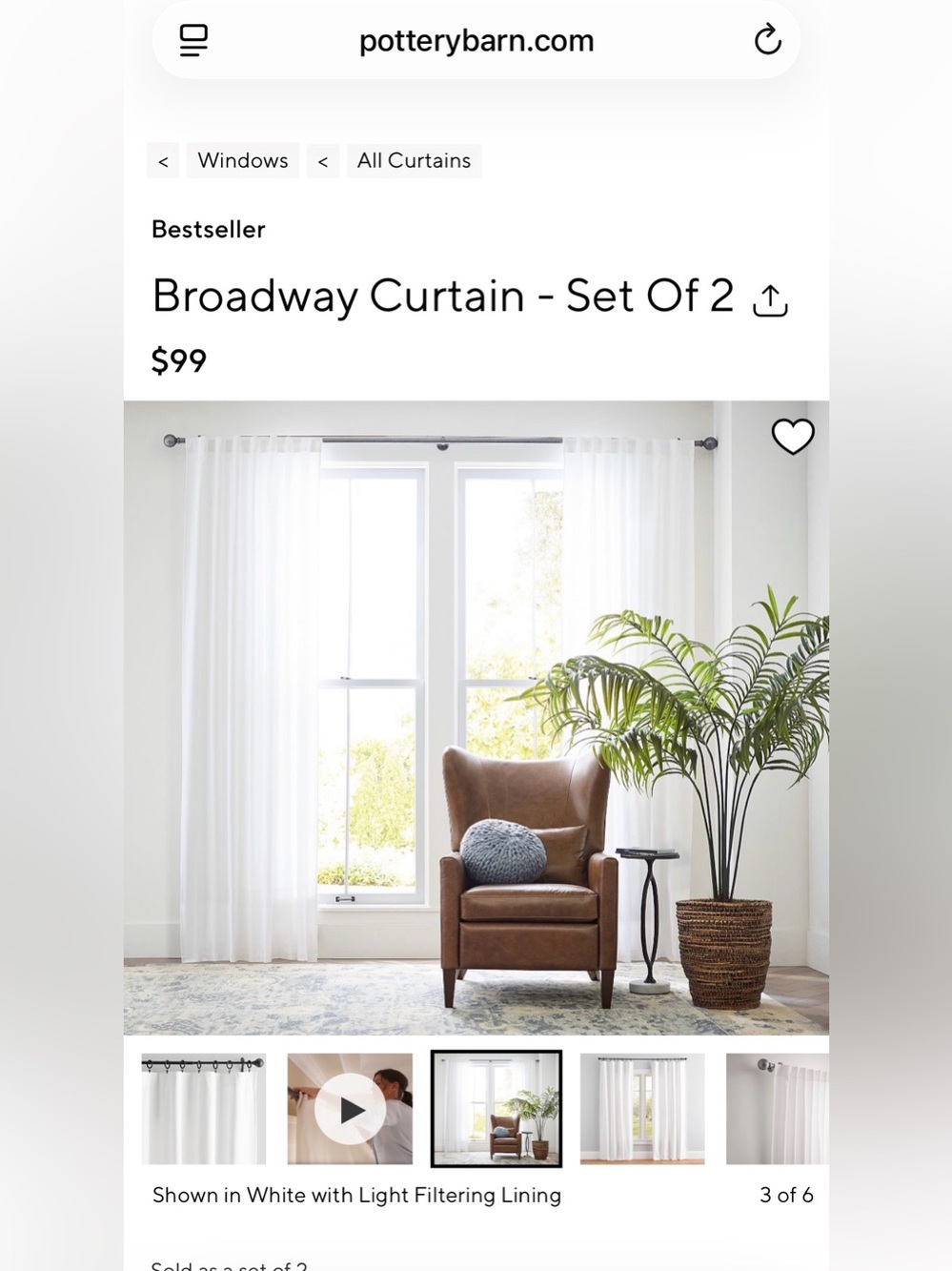 Pottery Barn Broadway Curtain Panel 100% Cotton White Set of Two